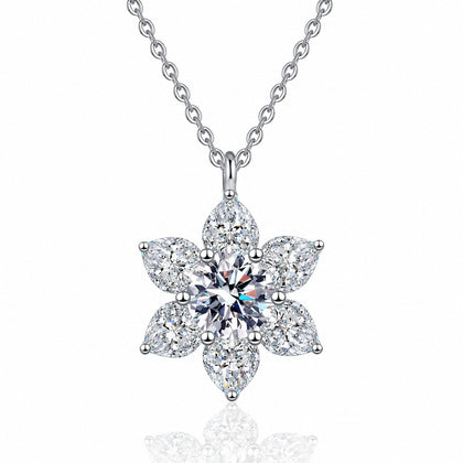 Sunflower Heart and Round Moissanite Pendant Necklace in Rhodium-Plated S925 sterling silver white background product photo showing sunflower pendant combining heart cut and round moissanite stones