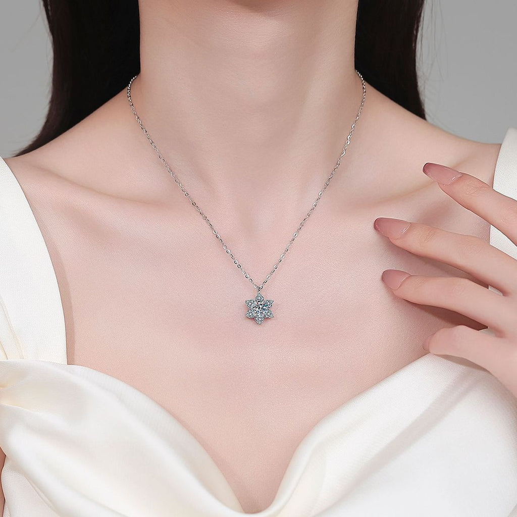 Sunflower Heart and Round Moissanite Pendant Necklace in Rhodium-Plated S925 sterling silver neckline model view showing pendant scale and adjustable chain