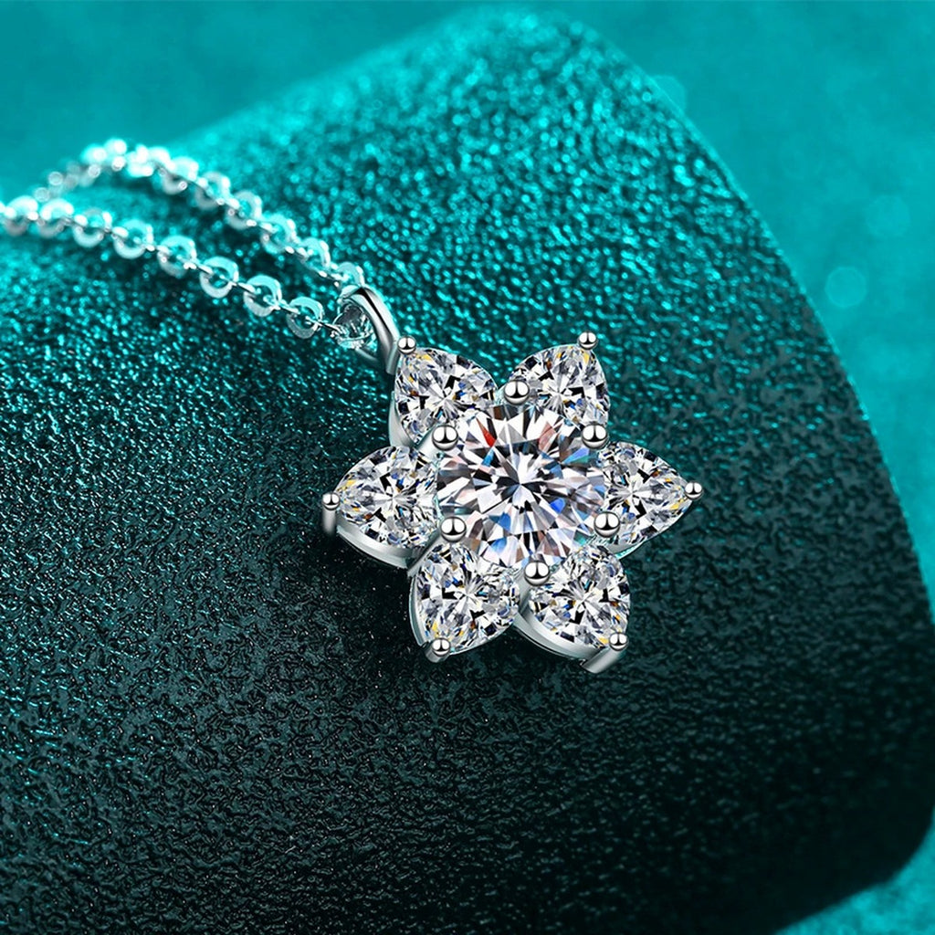 Sunflower Heart and Round Moissanite Pendant Necklace in Rhodium-Plated S925 sterling silver close-up product scene showing pendant setting