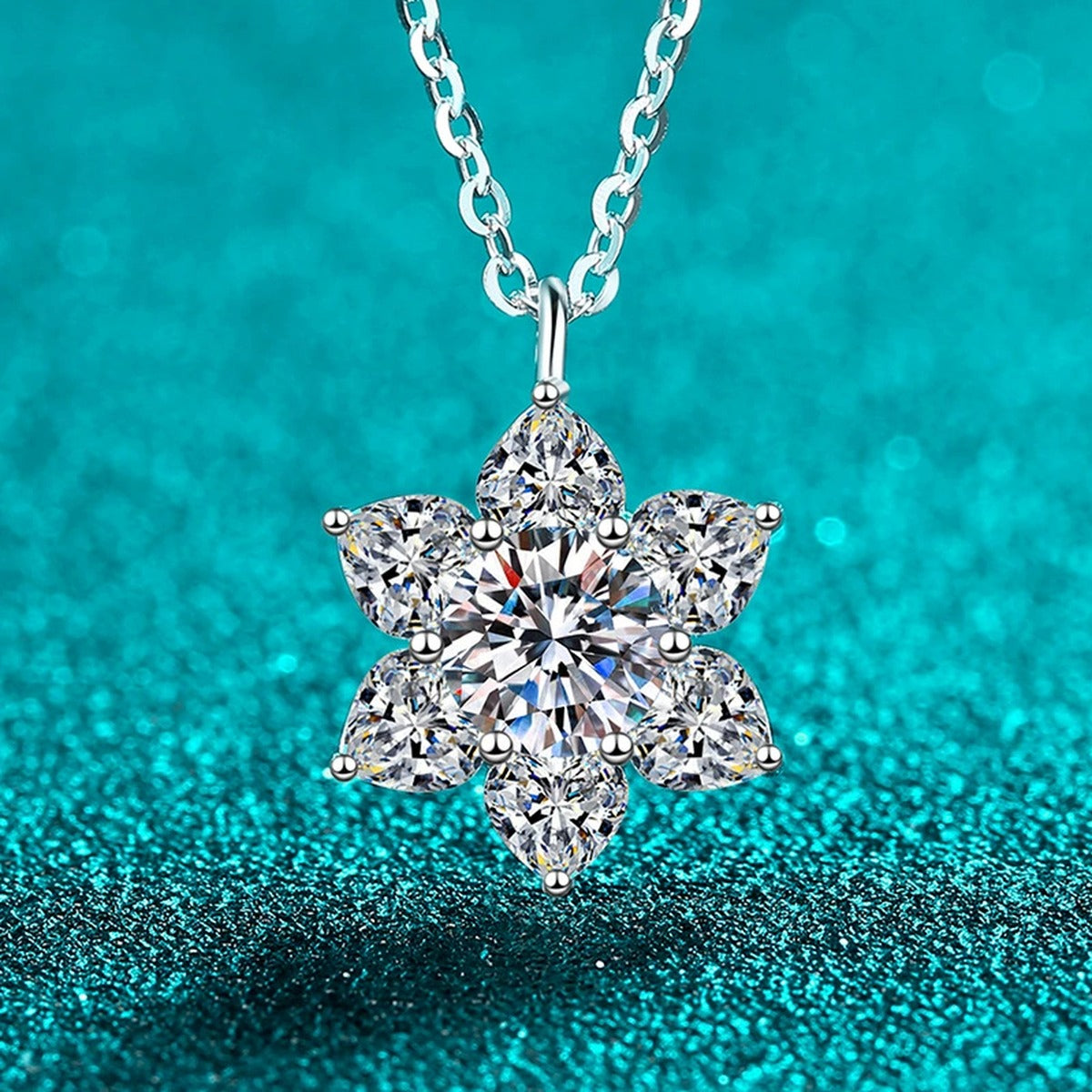 Sunflower Heart and Round Moissanite Pendant Necklace in Rhodium-Plated S925 sterling silver angled product detail view