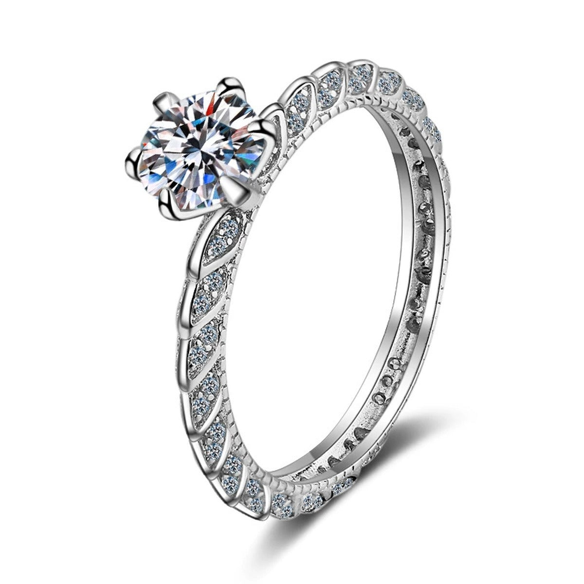 Round Moissanite Twist Engagement Ring with CZ in rhodium-plated S925 sterling silver on clean white background