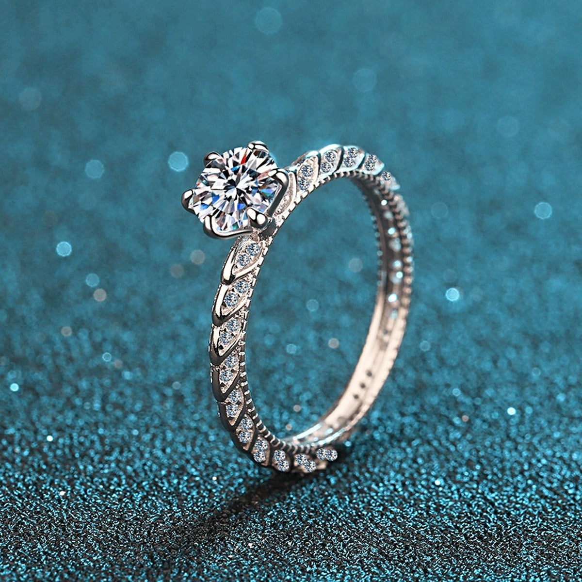 Round Moissanite Twist Engagement Ring with CZ product view showing moissanite setting and metal finish