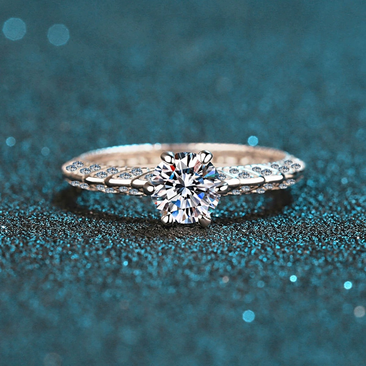 Round Moissanite Twist Engagement Ring with CZ product view showing moissanite setting and metal finish