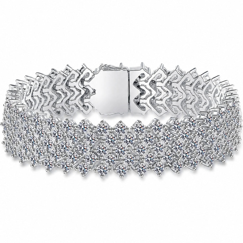 Wide Round Moissanite Tennis Bracelet in Rhodium-Plated S925 sterling silver white background product photo showing bracelet shape and moissanite setting