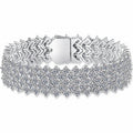 Wide Round Moissanite Tennis Bracelet in Rhodium-Plated S925 sterling silver white background product photo showing bracelet shape and moissanite setting