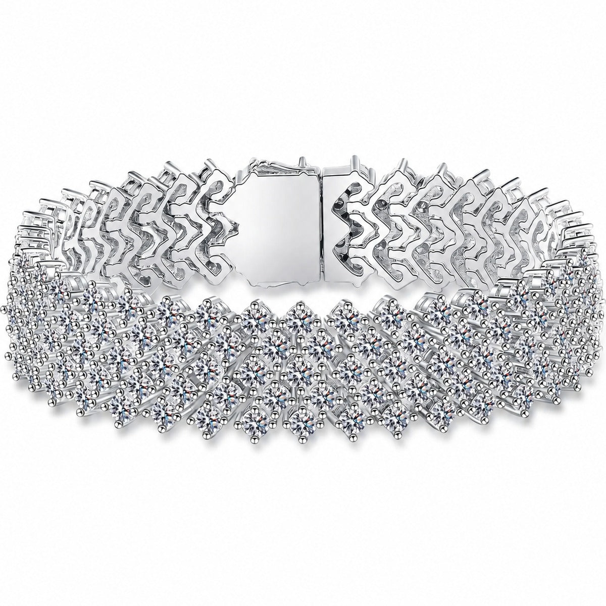 Wide Round Moissanite Tennis Bracelet in Rhodium-Plated S925 sterling silver white background product photo showing bracelet shape and moissanite setting