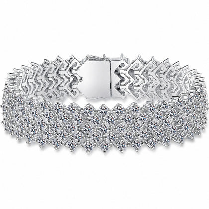 Wide Round Moissanite Tennis Bracelet in Rhodium-Plated S925 sterling silver white background product photo showing bracelet shape and moissanite setting