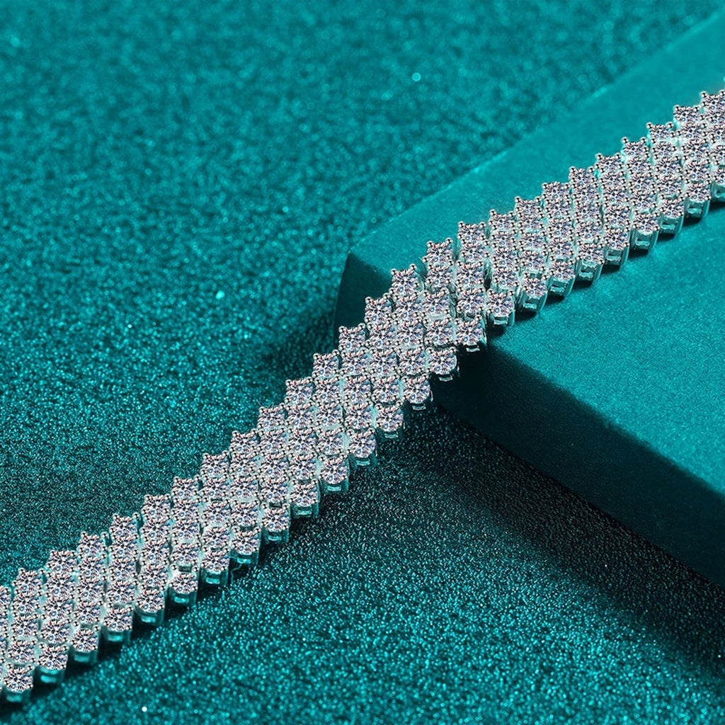 Wide Round Moissanite Tennis Bracelet in Rhodium-Plated S925 sterling silver close-up bracelet detail view showing clasp and motif