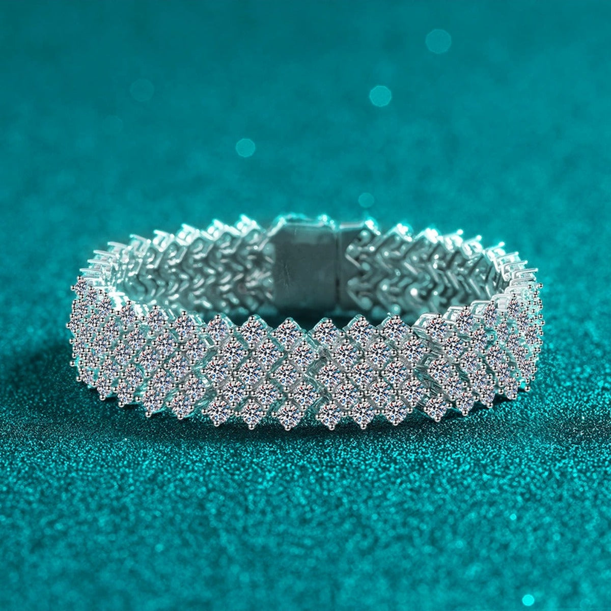 Wide Round Moissanite Tennis Bracelet in Rhodium-Plated S925 sterling silver angled product display showing bracelet silhouette