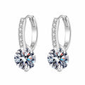Round Moissanite Hoop Drop Earrings with CZ in Rhodium-Plated S925 sterling silver white background product photo showing the pair, stone shape, and hoop drop earrings silhouette