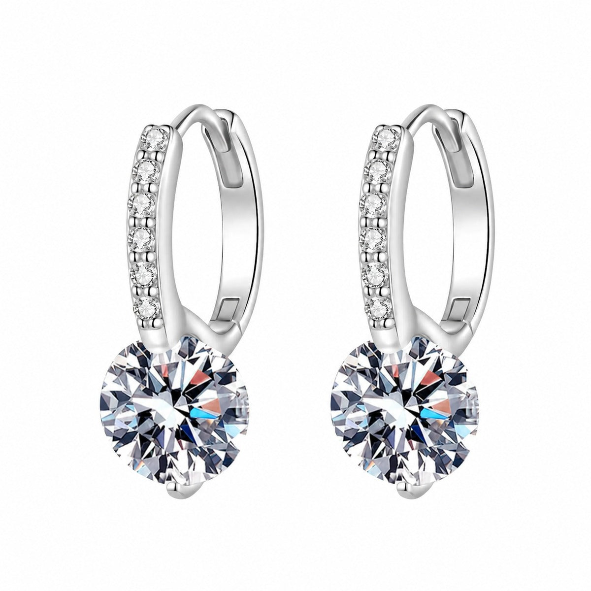 Round Moissanite Hoop Drop Earrings with CZ in Rhodium-Plated S925 sterling silver white background product photo showing the pair, stone shape, and hoop drop earrings silhouette