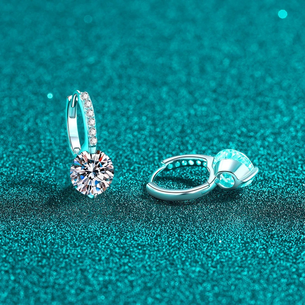 Round Moissanite Hoop Drop Earrings with CZ in Rhodium-Plated S925 sterling silver product scene view showing front sparkle