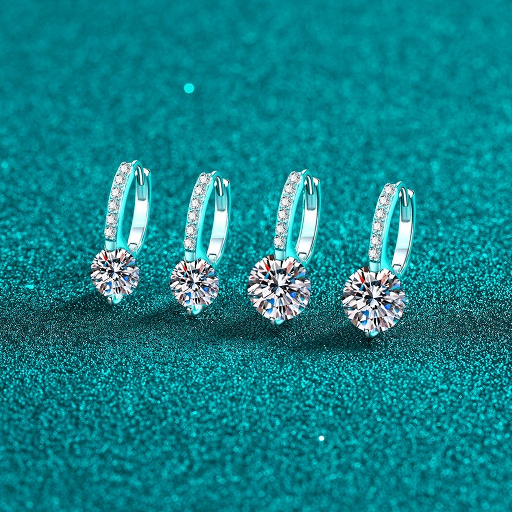 Round Moissanite Hoop Drop Earrings with CZ in Rhodium-Plated S925 sterling silver product scene view showing angled setting detail