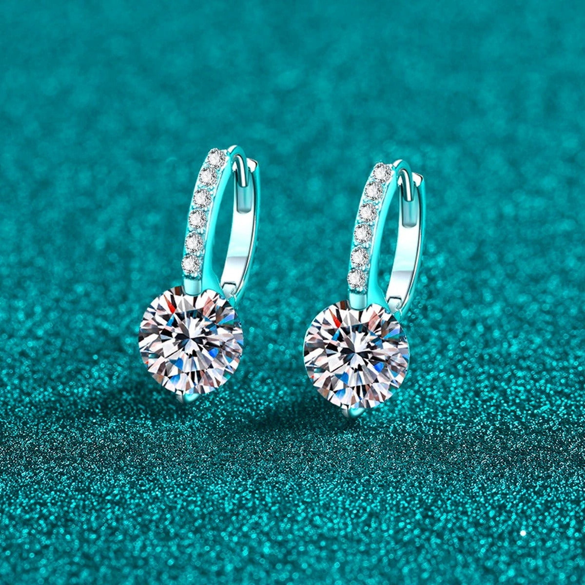 Round Moissanite Hoop Drop Earrings with CZ in Rhodium-Plated S925 sterling silver product scene view showing side profile