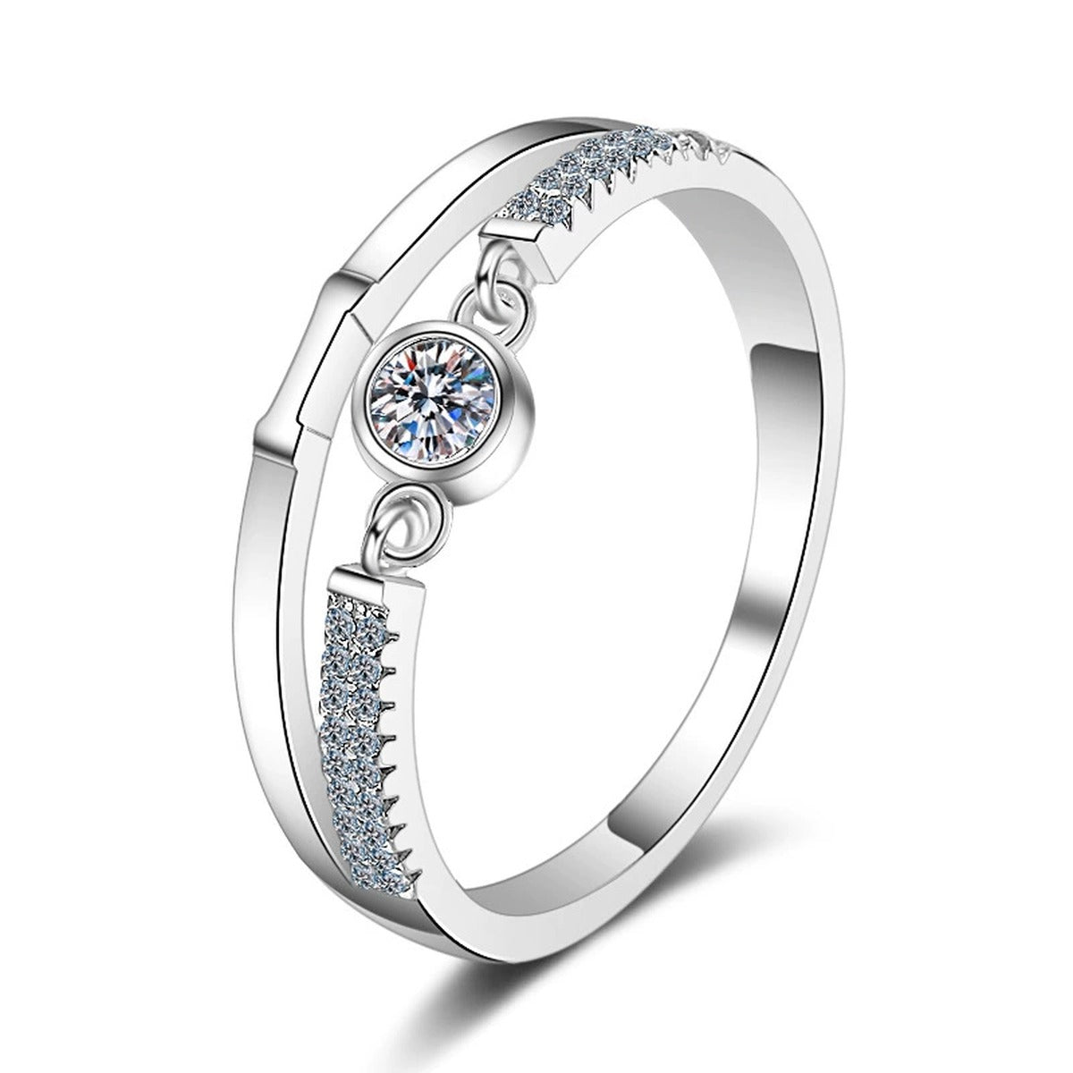 Round Moissanite Geometric Stackable Ring with CZ in rhodium-plated S925 sterling silver on clean white background