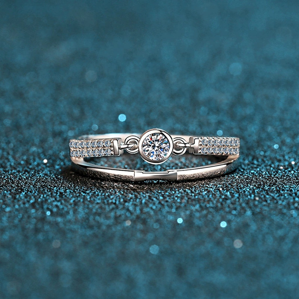 Round Moissanite Geometric Stackable Ring with CZ product view showing moissanite setting and metal finish