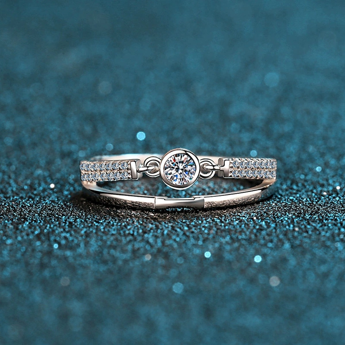 Round Moissanite Geometric Stackable Ring with CZ product view showing moissanite setting and metal finish