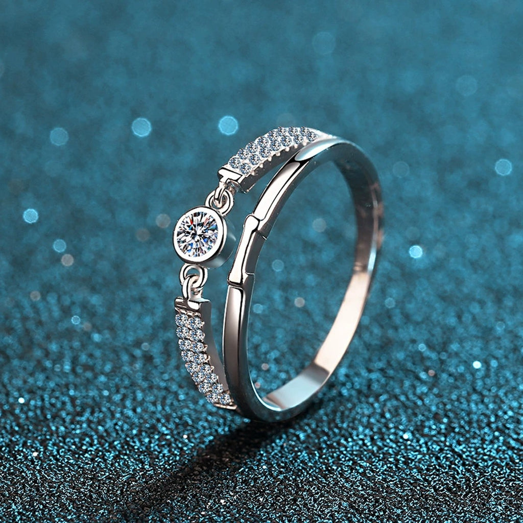Round Moissanite Geometric Stackable Ring with CZ product view showing moissanite setting and metal finish