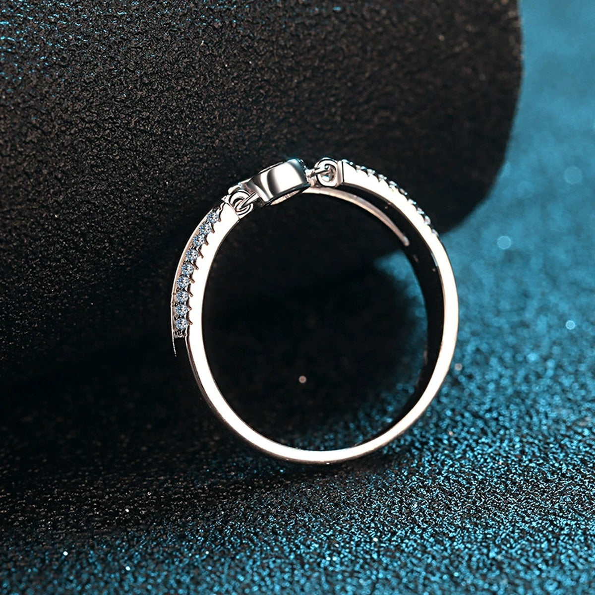 Round Moissanite Geometric Stackable Ring with CZ product view showing moissanite setting and metal finish