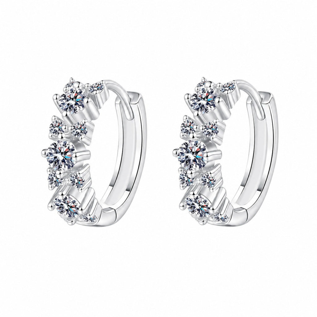 Cluster Moissanite Hoop Earrings in Rhodium-Plated S925 sterling silver white background product photo showing the pair, stone shape, and hoop earrings silhouette
