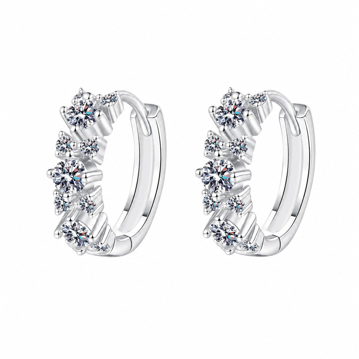 Cluster Moissanite Hoop Earrings in Rhodium-Plated S925 sterling silver white background product photo showing the pair, stone shape, and hoop earrings silhouette