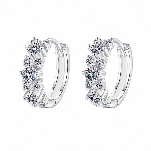 Cluster Moissanite Hoop Earrings in Rhodium-Plated S925 sterling silver white background product photo showing the pair, stone shape, and hoop earrings silhouette