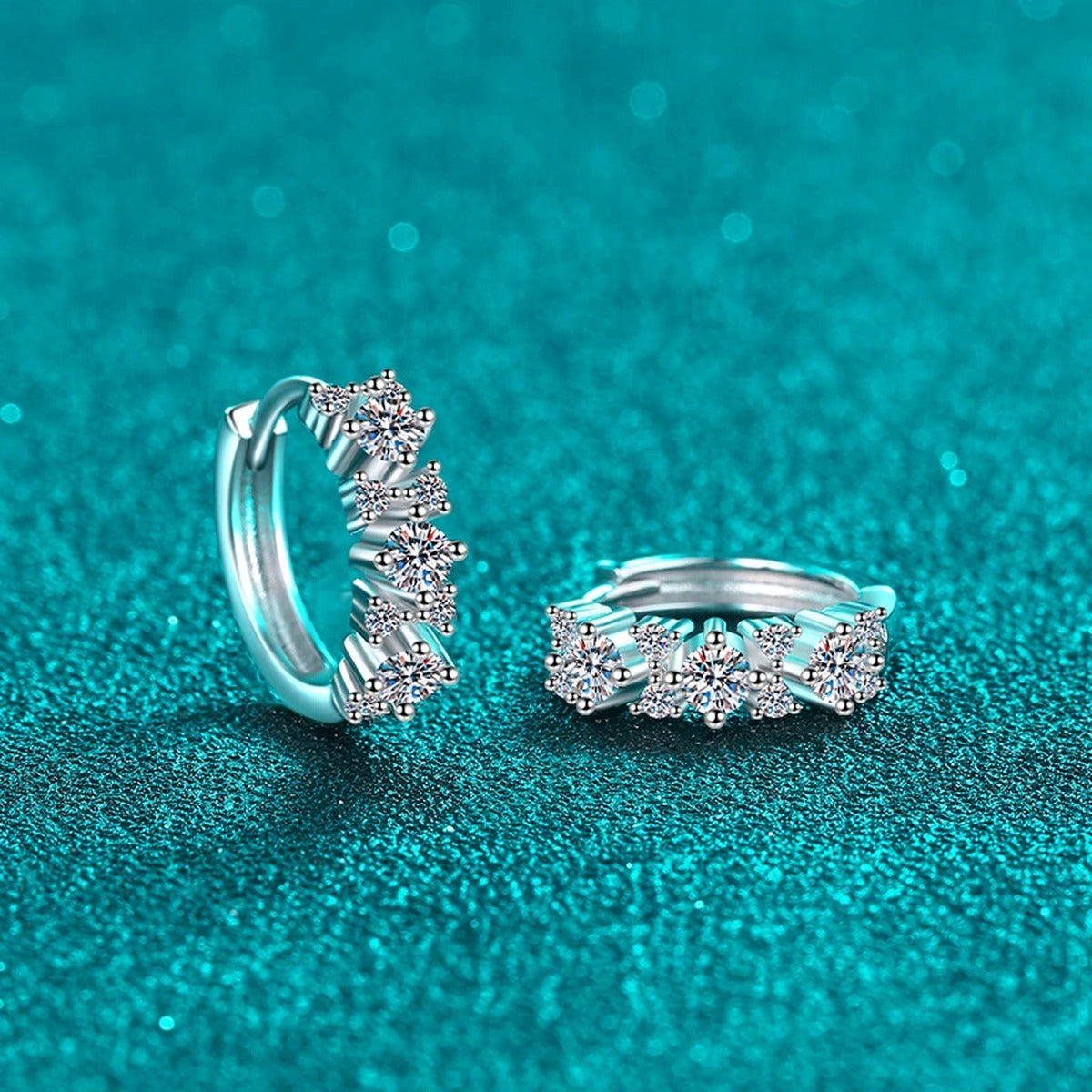 Cluster Moissanite Hoop Earrings in Rhodium-Plated S925 sterling silver product scene view showing front sparkle