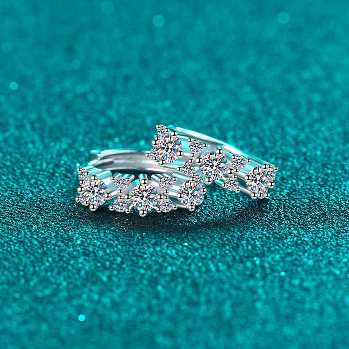 Cluster Moissanite Hoop Earrings in Rhodium-Plated S925 sterling silver product scene view showing angled setting detail