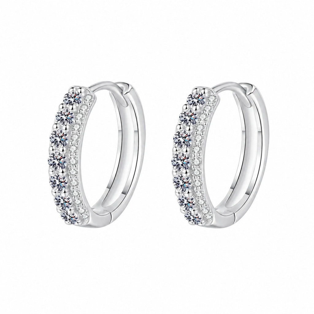 Pave Moissanite Hoop Earrings in Rhodium-Plated S925 sterling silver white background product photo showing the pair, stone shape, and hoop earrings silhouette