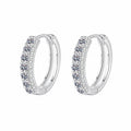 Pave Moissanite Hoop Earrings in Rhodium-Plated S925 sterling silver white background product photo showing the pair, stone shape, and hoop earrings silhouette