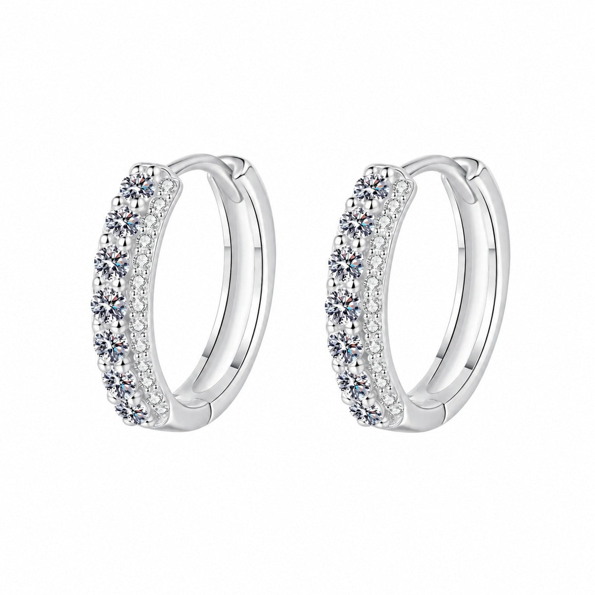 Pave Moissanite Hoop Earrings in Rhodium-Plated S925 sterling silver white background product photo showing the pair, stone shape, and hoop earrings silhouette