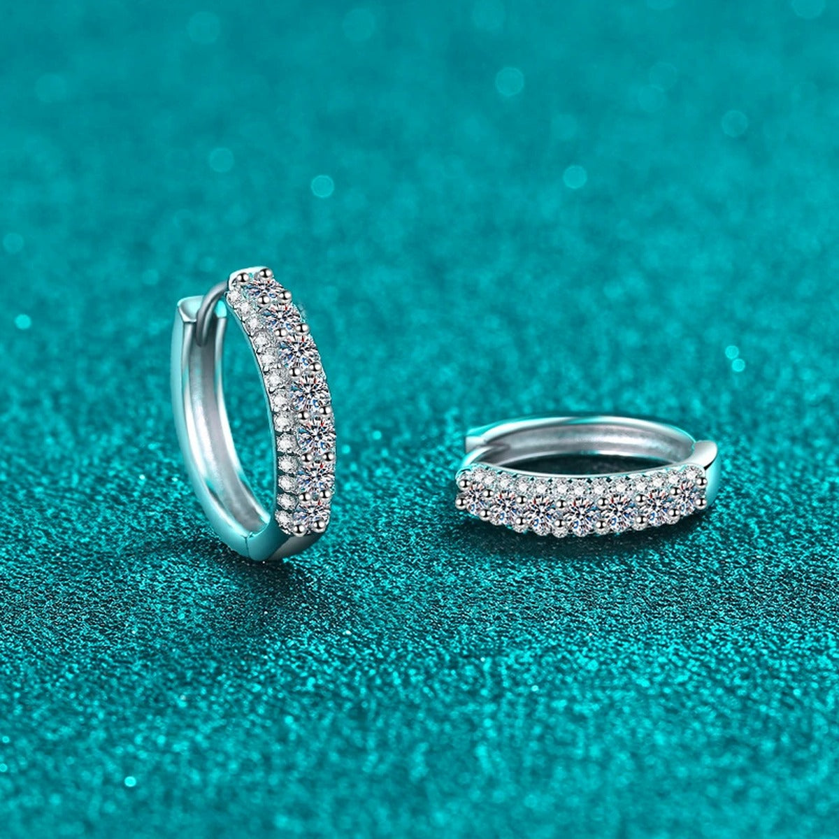 Pave Moissanite Hoop Earrings in Rhodium-Plated S925 sterling silver product scene view showing angled setting detail