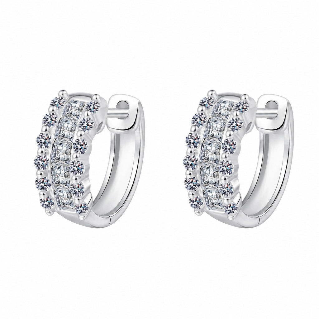 Round and Princess Cut Moissanite Huggie Hoop Earrings in Rhodium-Plated S925 sterling silver white background product photo showing the pair, stone shape, and huggie hoop earrings silhouette
