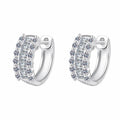 Round and Princess Cut Moissanite Huggie Hoop Earrings in Rhodium-Plated S925 sterling silver white background product photo showing the pair, stone shape, and huggie hoop earrings silhouette