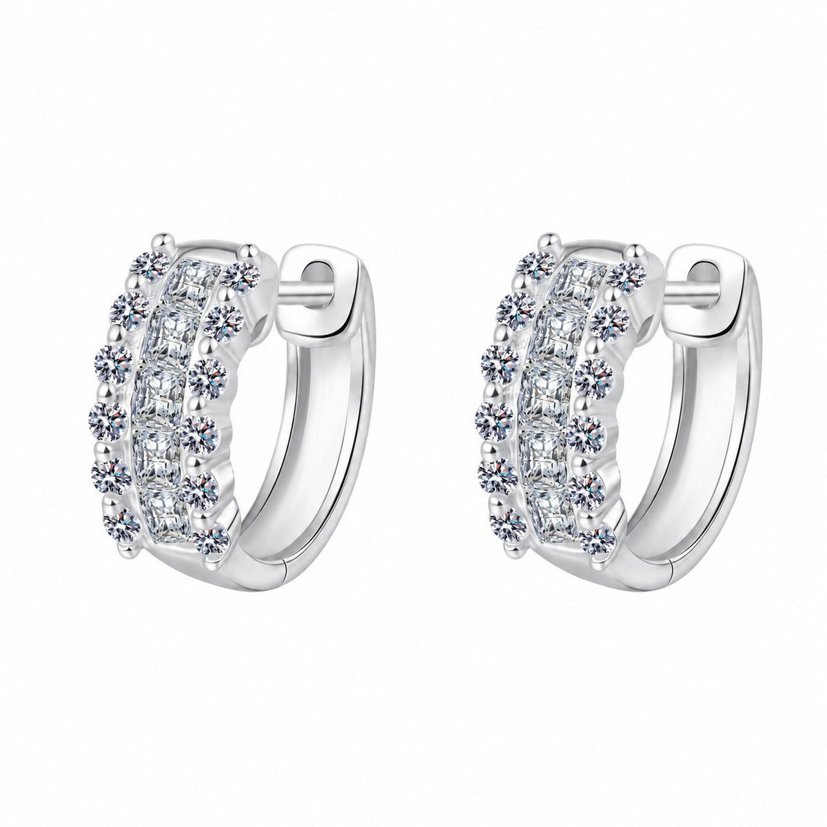 Round and Princess Cut Moissanite Huggie Hoop Earrings in Rhodium-Plated S925 sterling silver white background product photo showing the pair, stone shape, and huggie hoop earrings silhouette