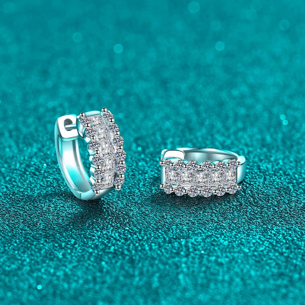 Round and Princess Cut Moissanite Huggie Hoop Earrings in Rhodium-Plated S925 sterling silver product scene view showing side profile