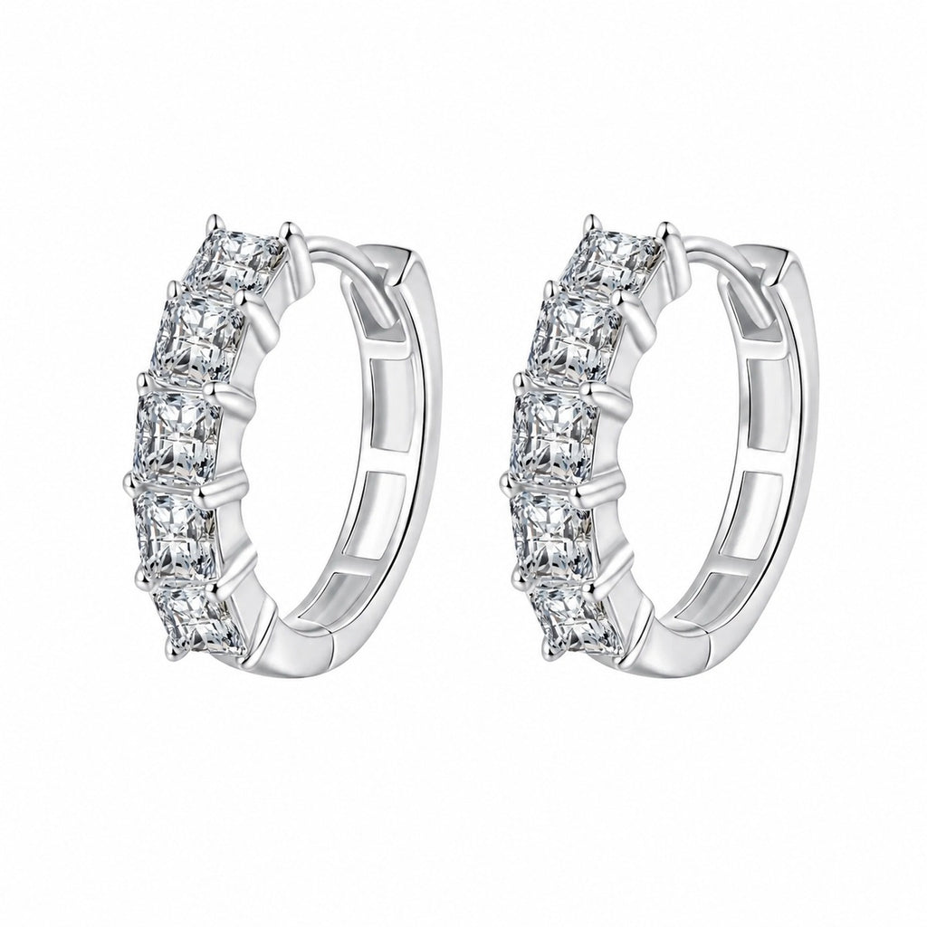 Princess Cut Moissanite Hoop Earrings in Rhodium-Plated S925 sterling silver white background product photo showing the pair, stone shape, and hoop earrings silhouette