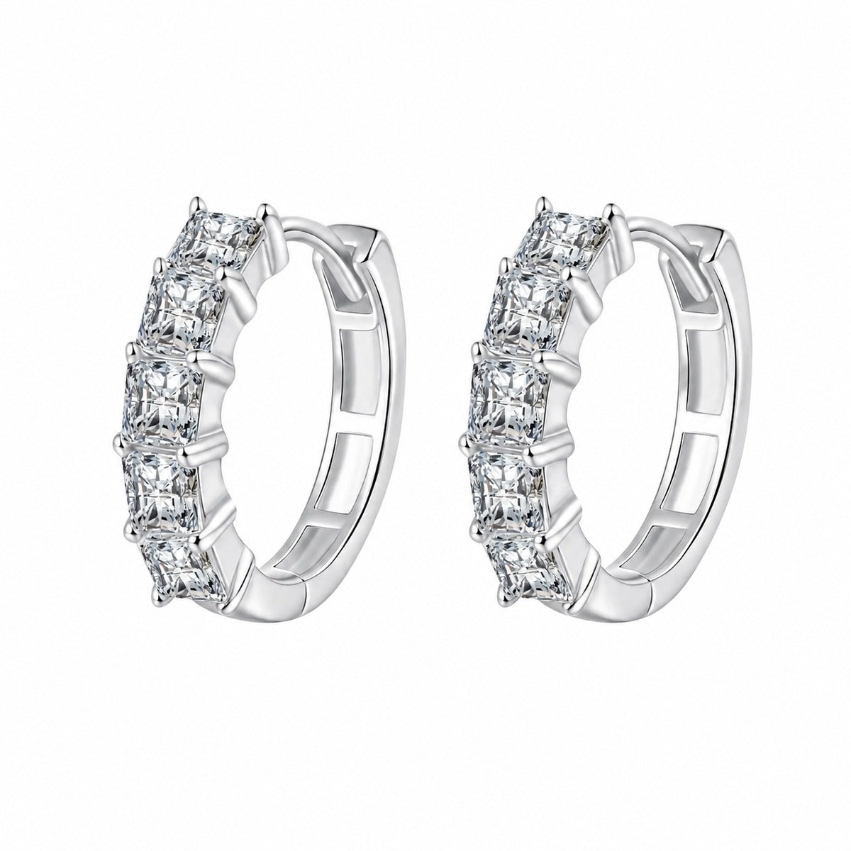 Princess Cut Moissanite Hoop Earrings in Rhodium-Plated S925 sterling silver white background product photo showing the pair, stone shape, and hoop earrings silhouette