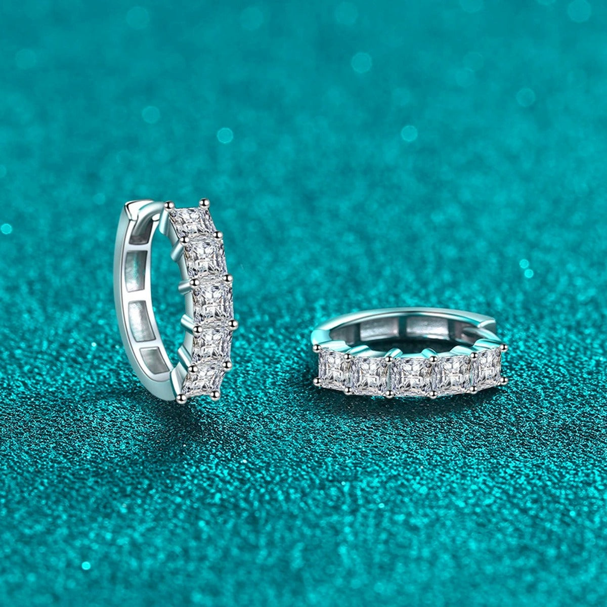 Princess Cut Moissanite Hoop Earrings in Rhodium-Plated S925 sterling silver product scene view showing front sparkle