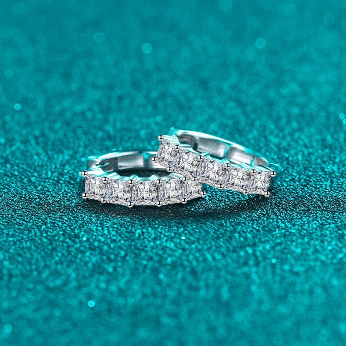 Princess Cut Moissanite Hoop Earrings in Rhodium-Plated S925 sterling silver product scene view showing angled setting detail