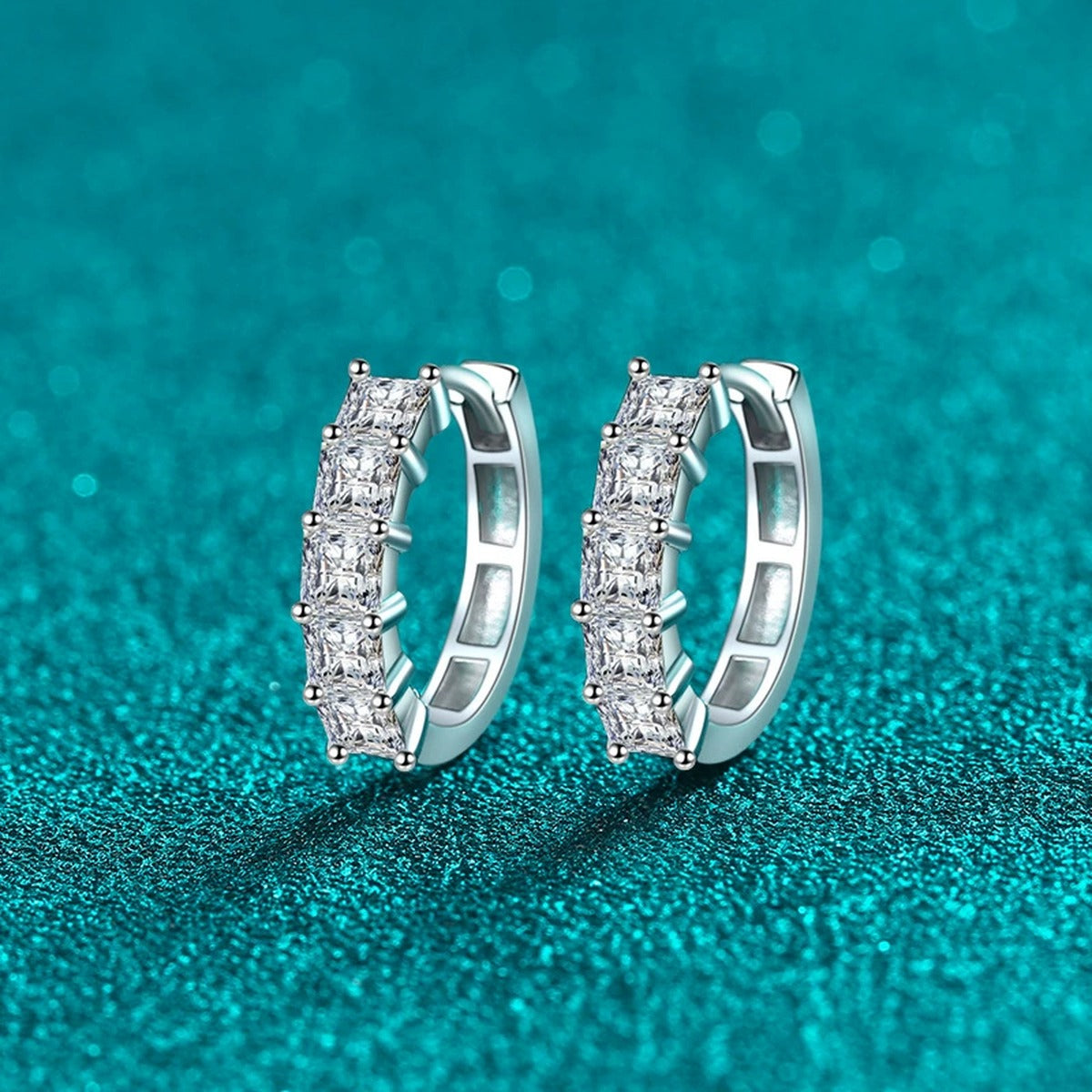 Princess Cut Moissanite Hoop Earrings in Rhodium-Plated S925 sterling silver product scene view showing side profile