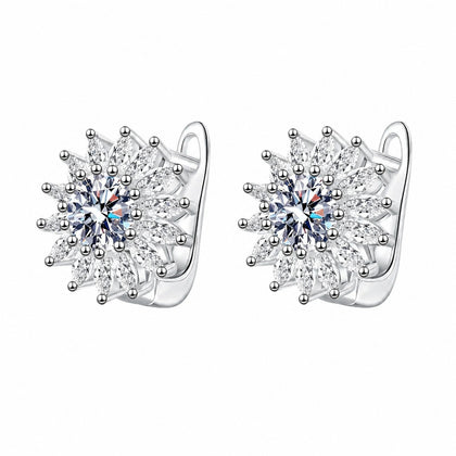 Floral Moissanite Hoop Earrings with CZ in Rhodium-Plated S925 sterling silver white background product photo showing the pair, stone shape, and hoop earrings silhouette