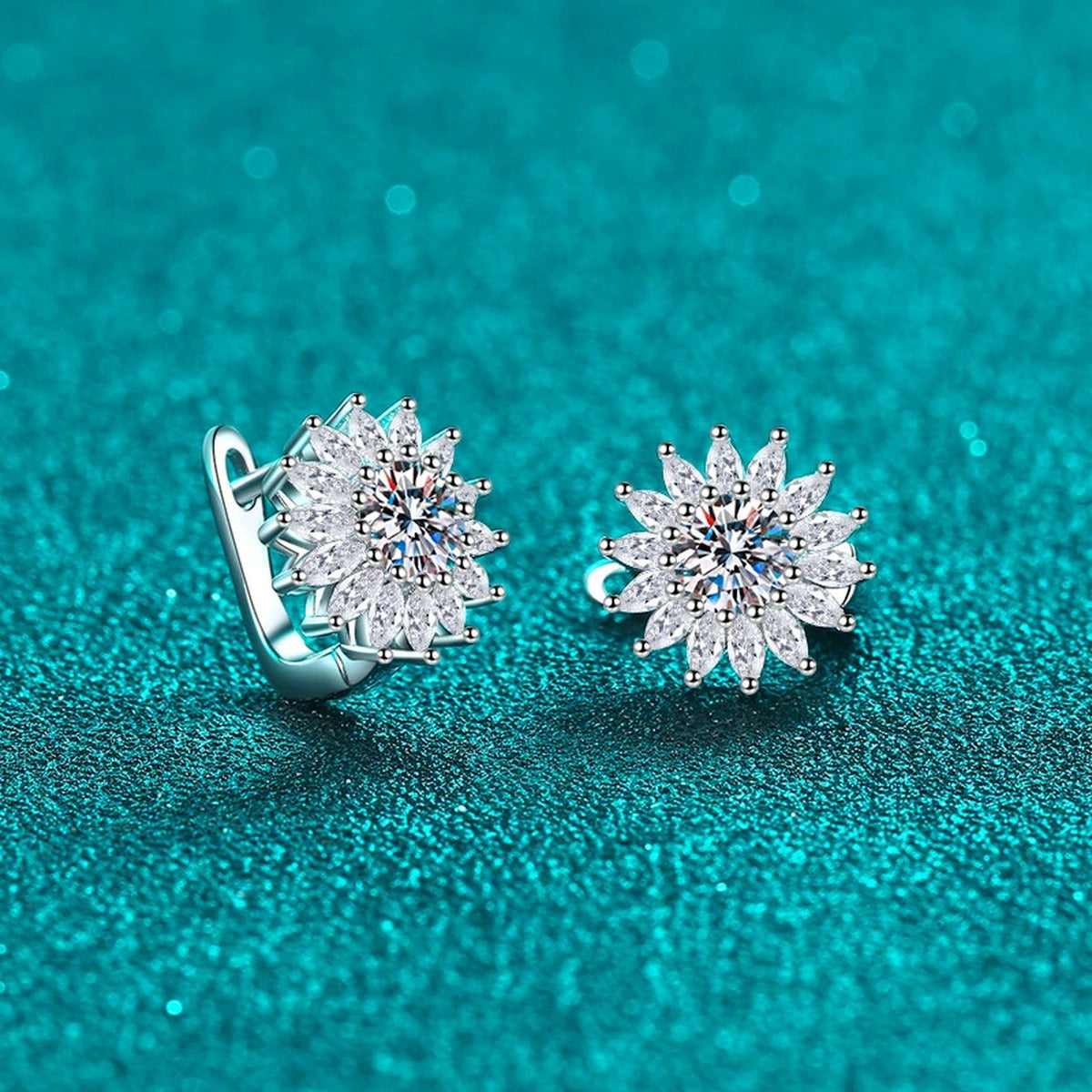 Floral Moissanite Hoop Earrings with CZ in Rhodium-Plated S925 sterling silver product scene view showing front sparkle