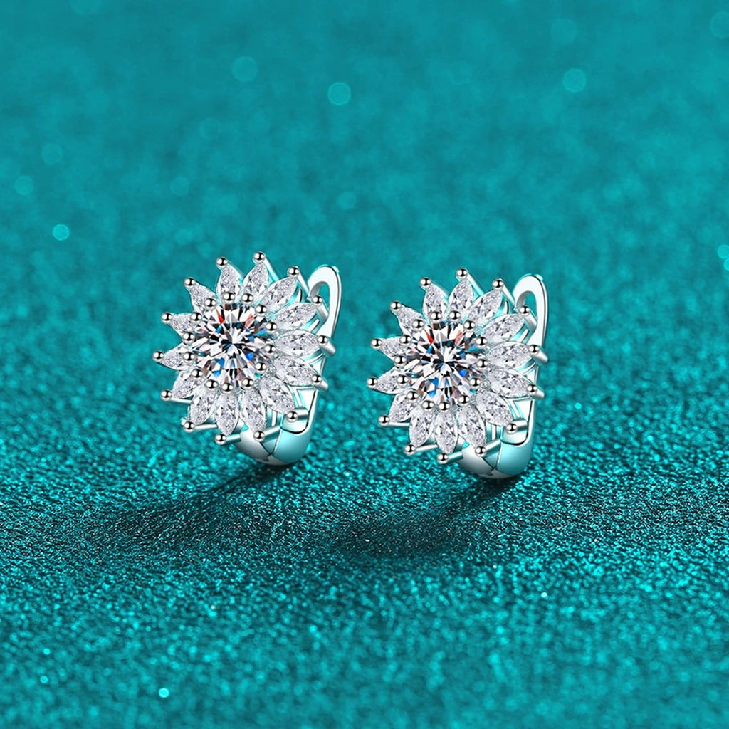 Floral Moissanite Hoop Earrings with CZ in Rhodium-Plated S925 sterling silver product scene view showing angled setting detail