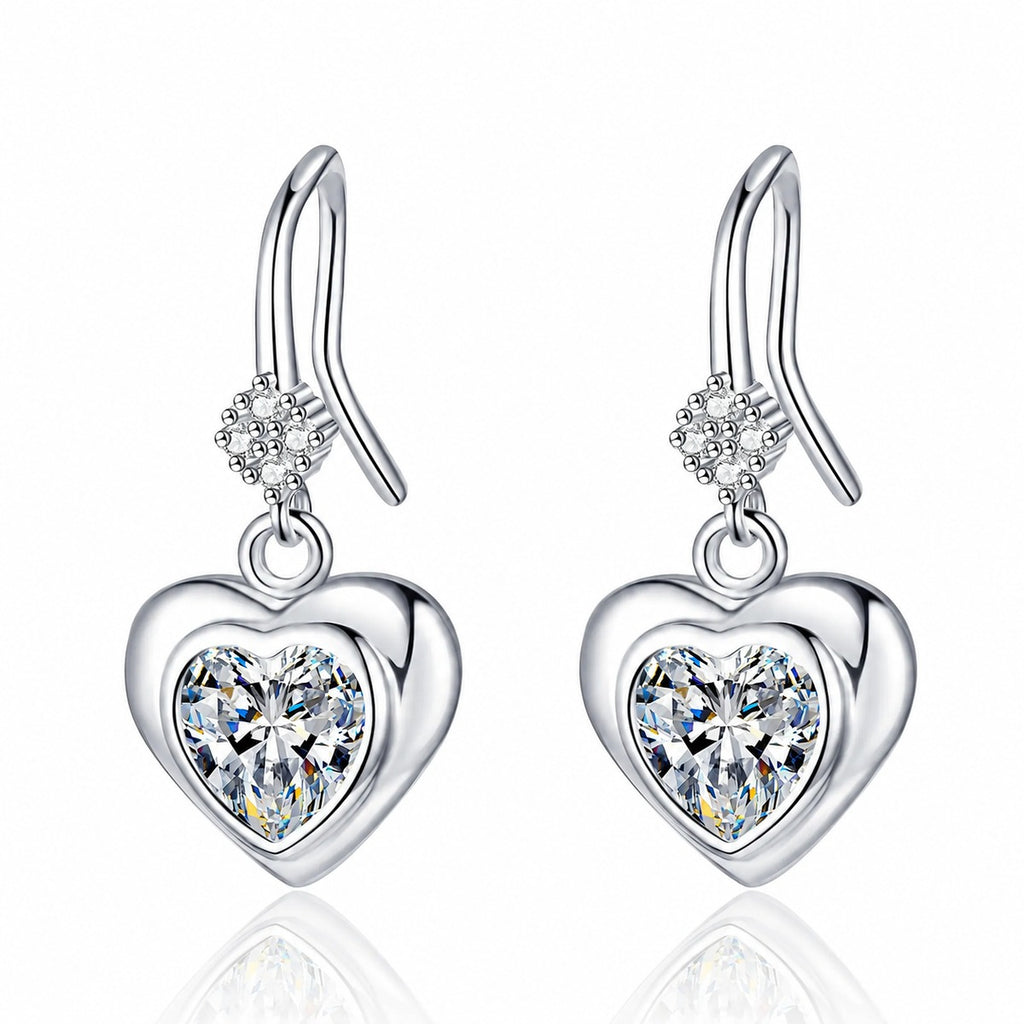 Heart Moissanite Hook Dangle Earrings in Rhodium-Plated S925 sterling silver white background product photo showing the pair, stone shape, and hook dangle earrings silhouette