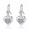 Heart Moissanite Hook Dangle Earrings in Rhodium-Plated S925 sterling silver white background product photo showing the pair, stone shape, and hook dangle earrings silhouette