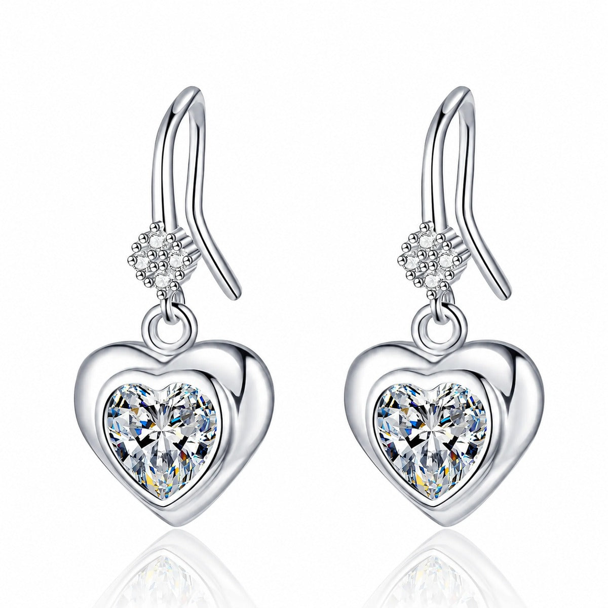Heart Moissanite Hook Dangle Earrings in Rhodium-Plated S925 sterling silver white background product photo showing the pair, stone shape, and hook dangle earrings silhouette