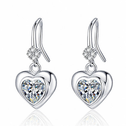 Heart Moissanite Hook Dangle Earrings in Rhodium-Plated S925 sterling silver white background product photo showing the pair, stone shape, and hook dangle earrings silhouette