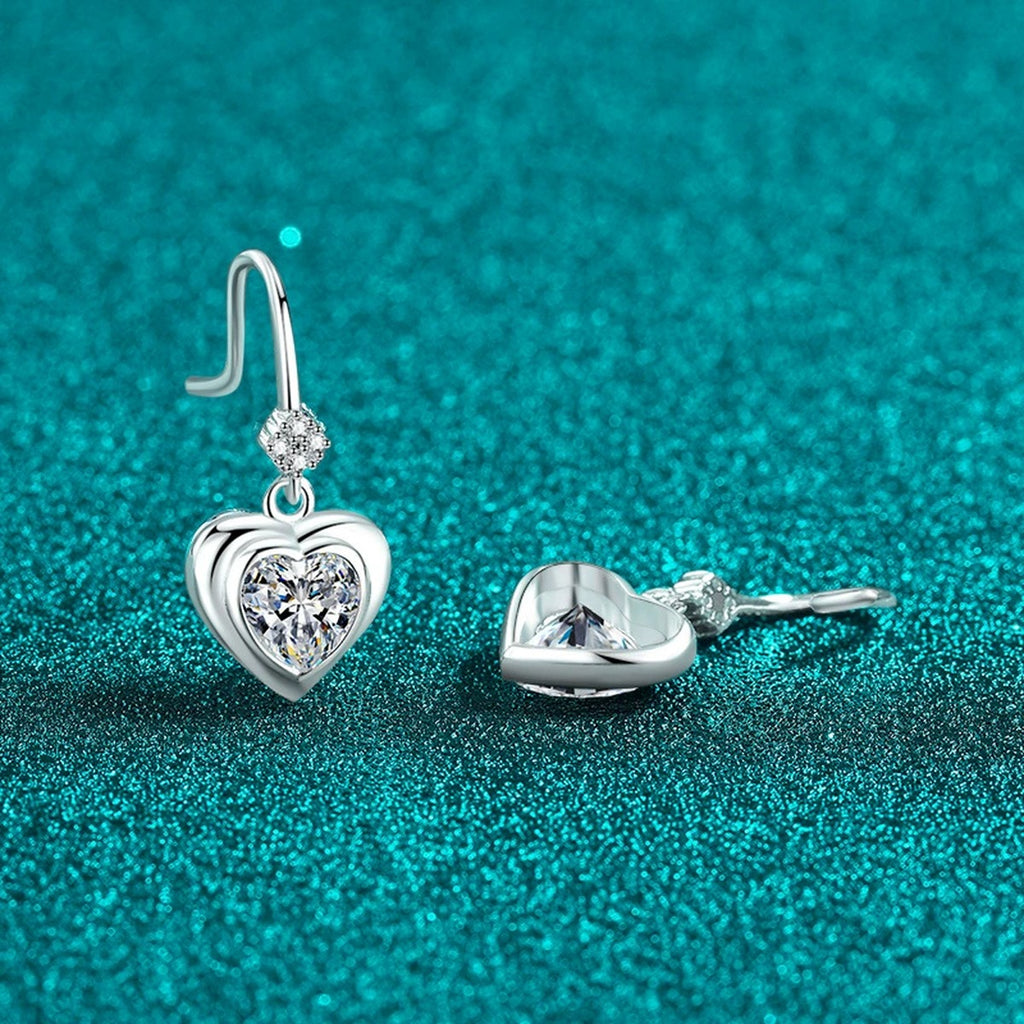 Heart Moissanite Hook Dangle Earrings in Rhodium-Plated S925 sterling silver product scene view showing front sparkle
