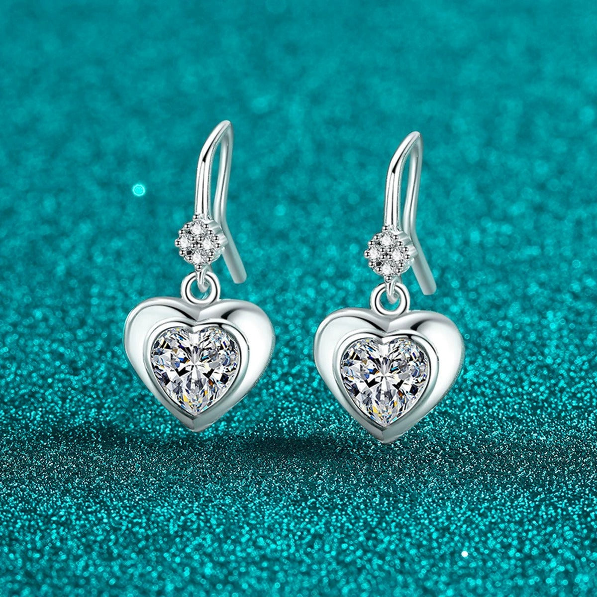 Heart Moissanite Hook Dangle Earrings in Rhodium-Plated S925 sterling silver product scene view showing side profile